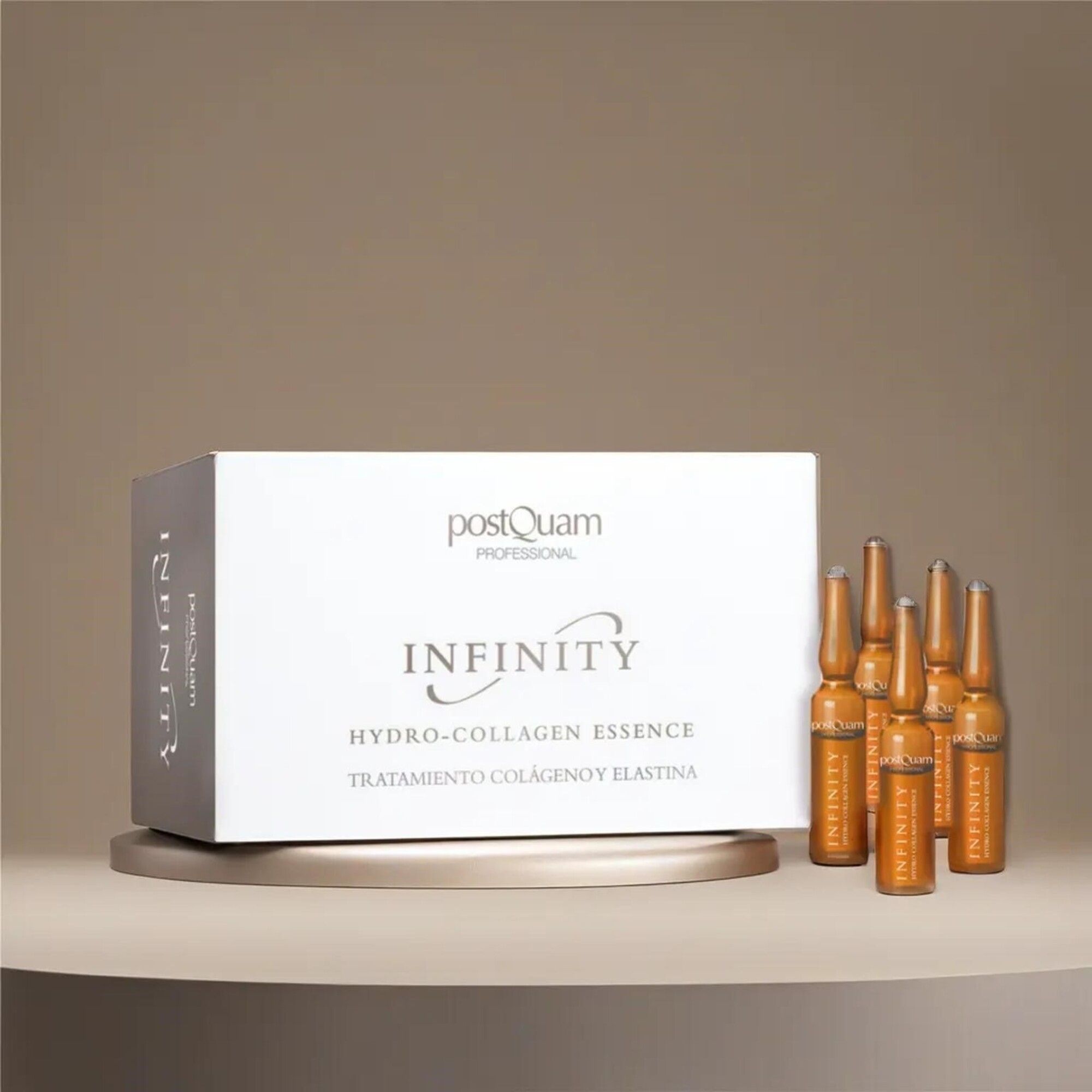 Confezione del prodotto e fiale. Scritta: INFINITY Hydro-Collagen Essence. Marchio: Postquam Professional. Fiale marroni.