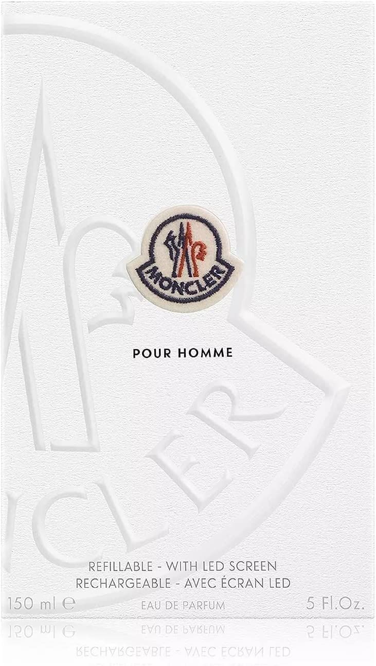 Confezione bianca con logo Moncler e scritta "Pour Homme". Testo: "REFILLABLE - WITH LED SCREEN".