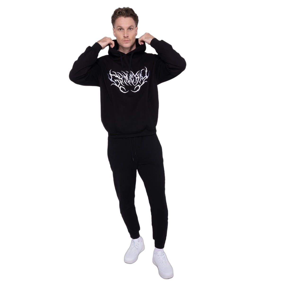 GymBeam Felpa uomo oversize Thorn nera con cappuccio e tasche