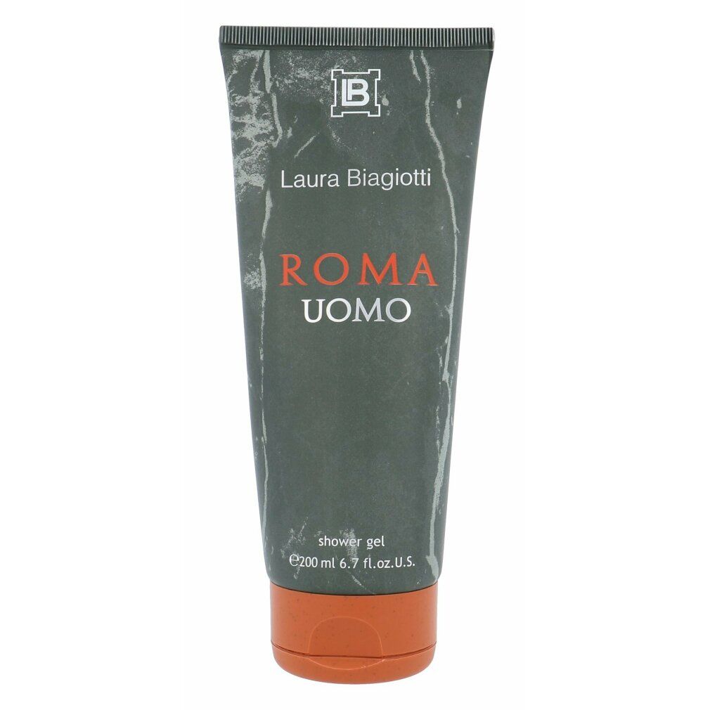 Gel doccia Laura Biagiotti Roma Uomo. Tubo grigio, tappo arancione. Scritta Roma Uomo. 200 ml.