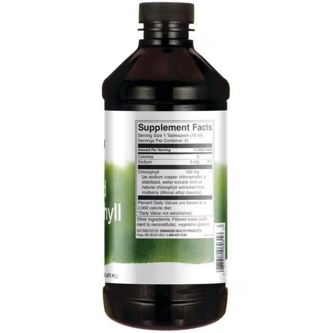 Bottiglia marrone con tappo nero. Retro con informazioni nutrizionali. Contiene clorofilla. 16 FL OZ (473 ml).