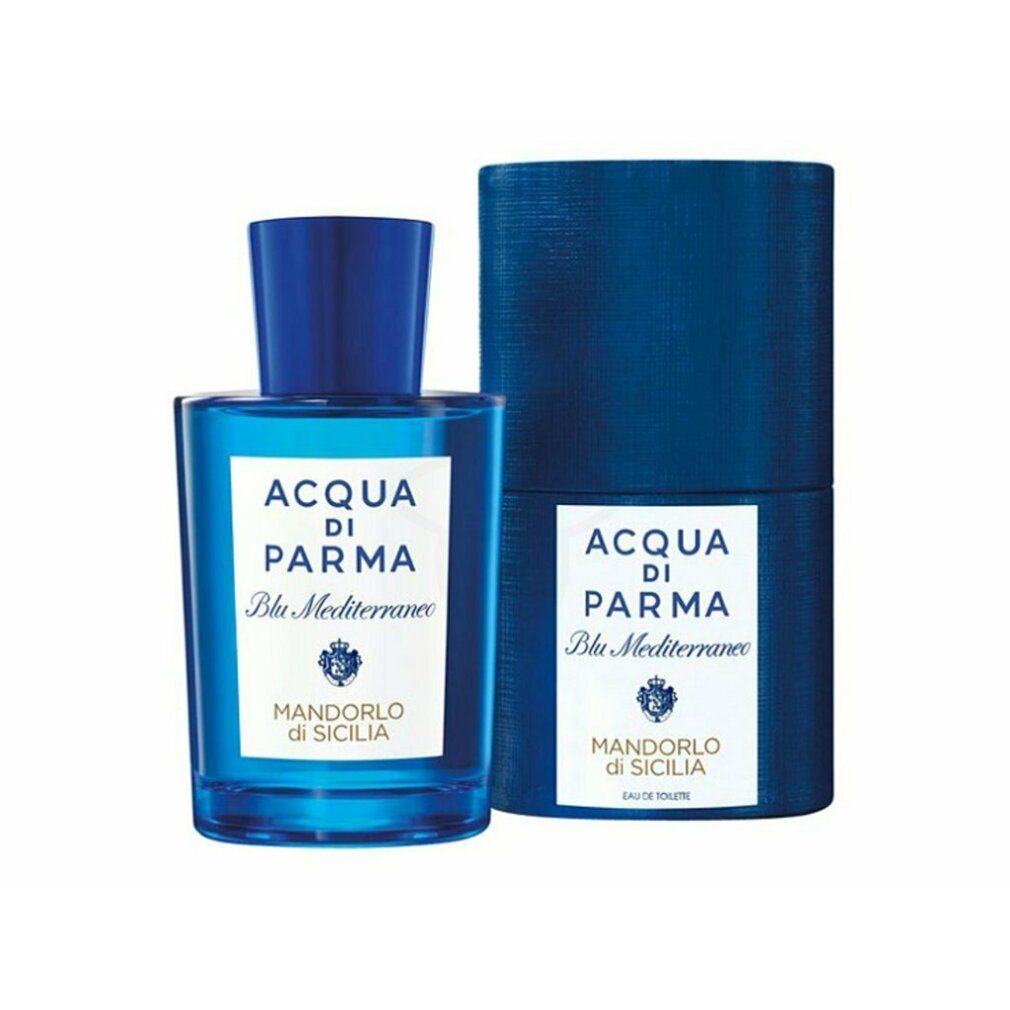 Flacone di profumo blu e confezione cilindrica. Scritta: Acqua di Parma Blu Mediterraneo Mandorlo di Sicilia.