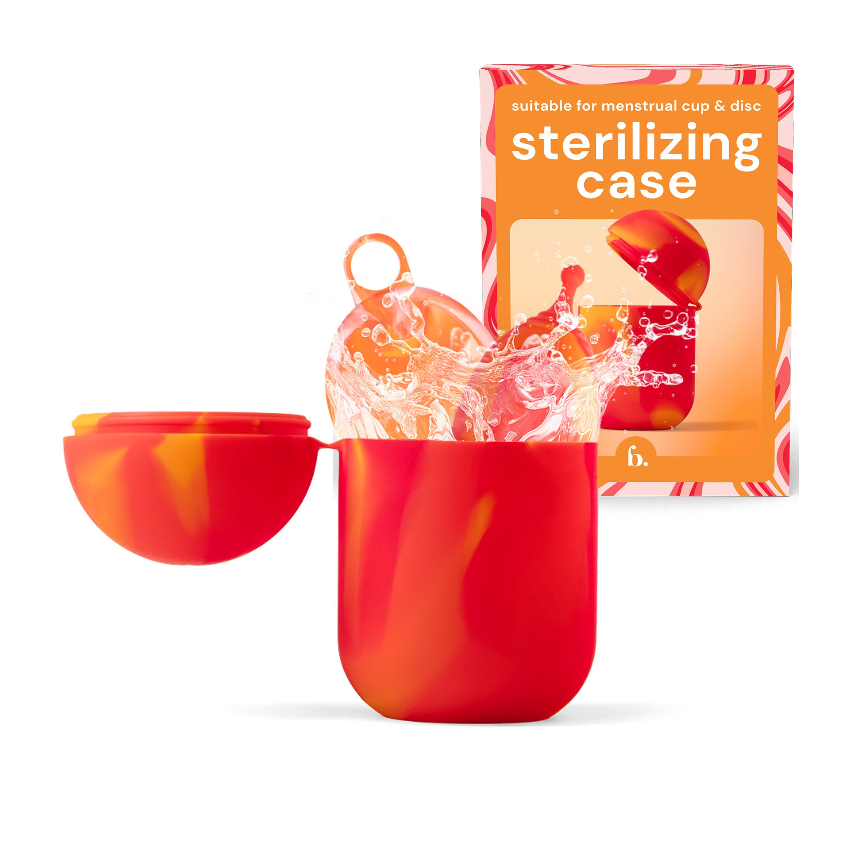 Contenitore sterilizzatore rosso e arancione per coppette e dischi mestruali, con effetto schizzi.
