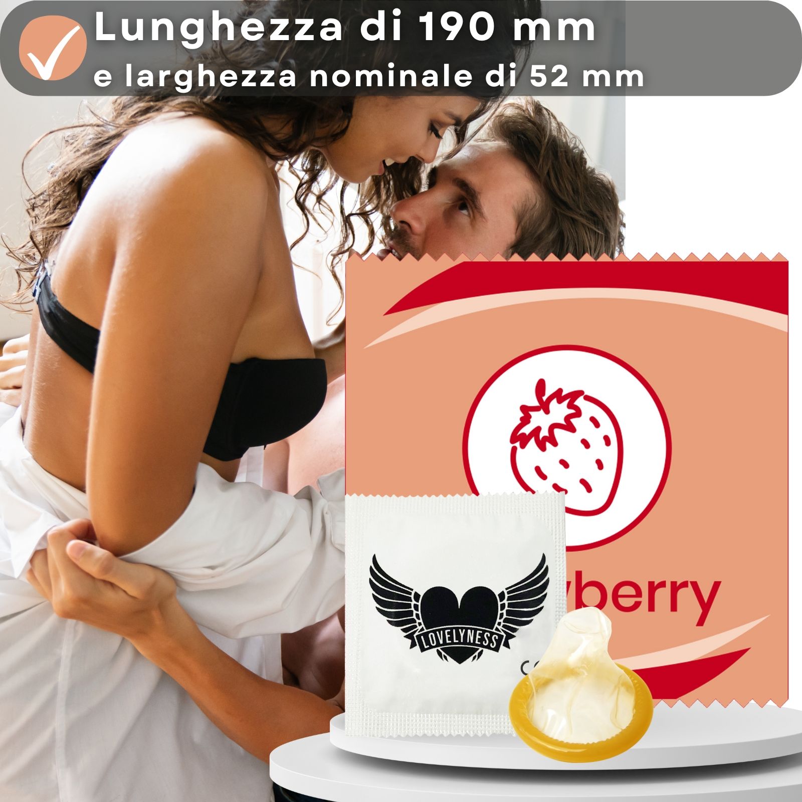 Confezione e preservativo. Testo: Lunghezza 190 mm e larghezza nominale 52 mm.