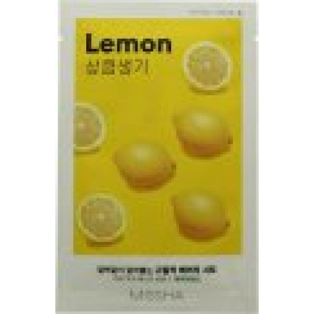 Maschera viso con motivo limone. Sfondo giallo con limoni e metà. Testo: Lemon, caratteri coreani, MISSHA.