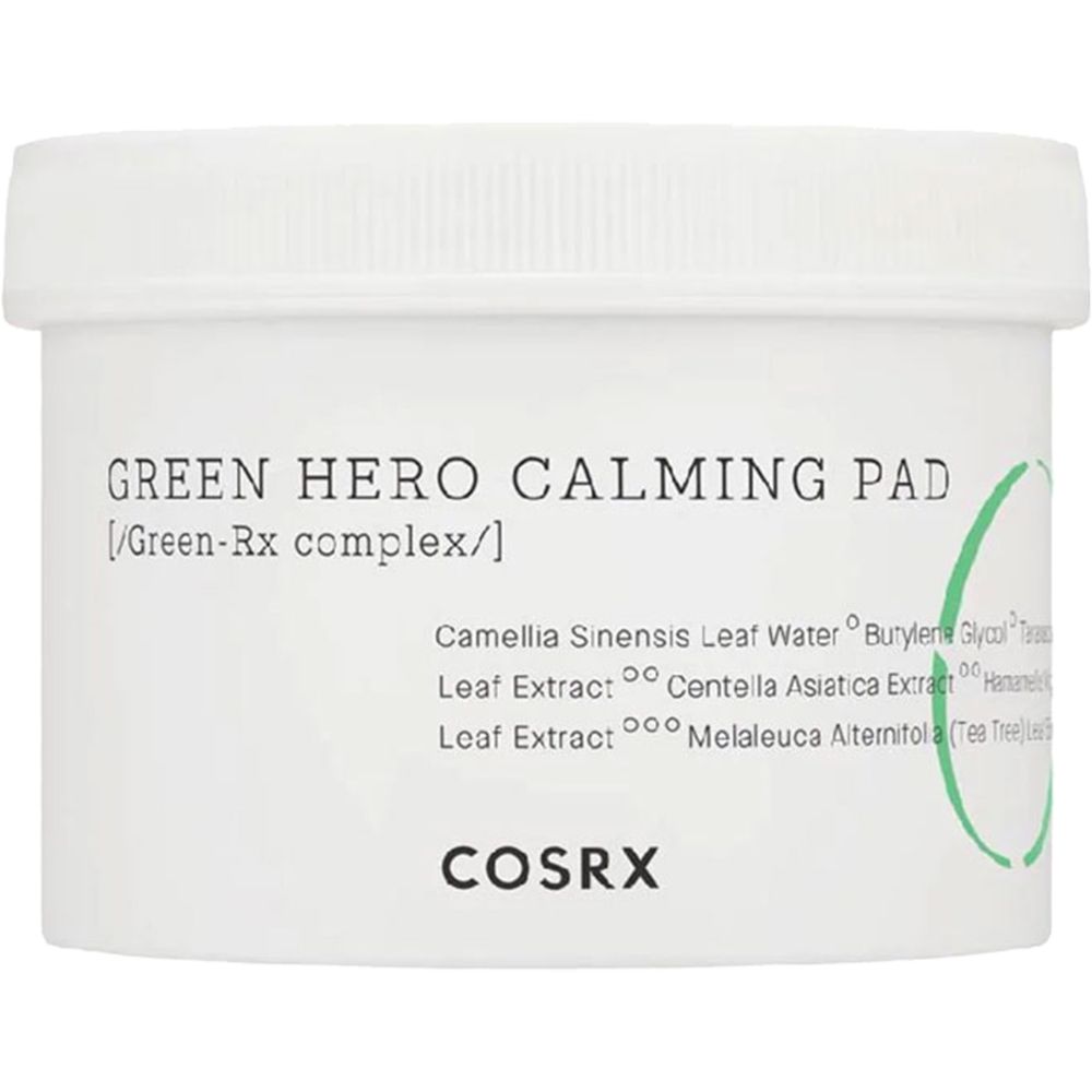 Contenitore bianco con scritta verde: Green Hero Calming Pad, COSRX. Ingredienti elencati. Vista frontale.