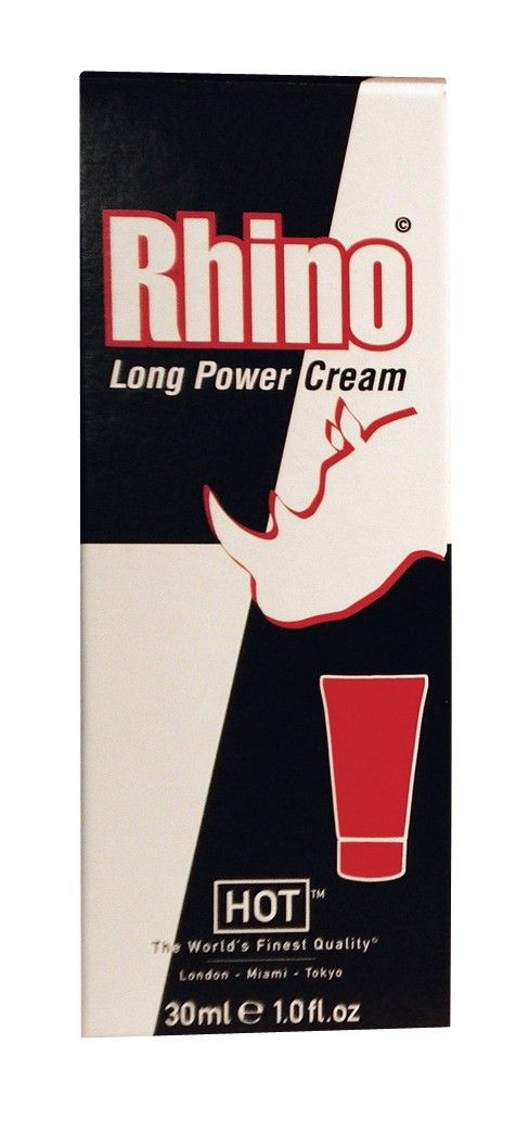 Confezione e tubetto di Rhino Long Power Cream affiancati, con logo del rinoceronte.