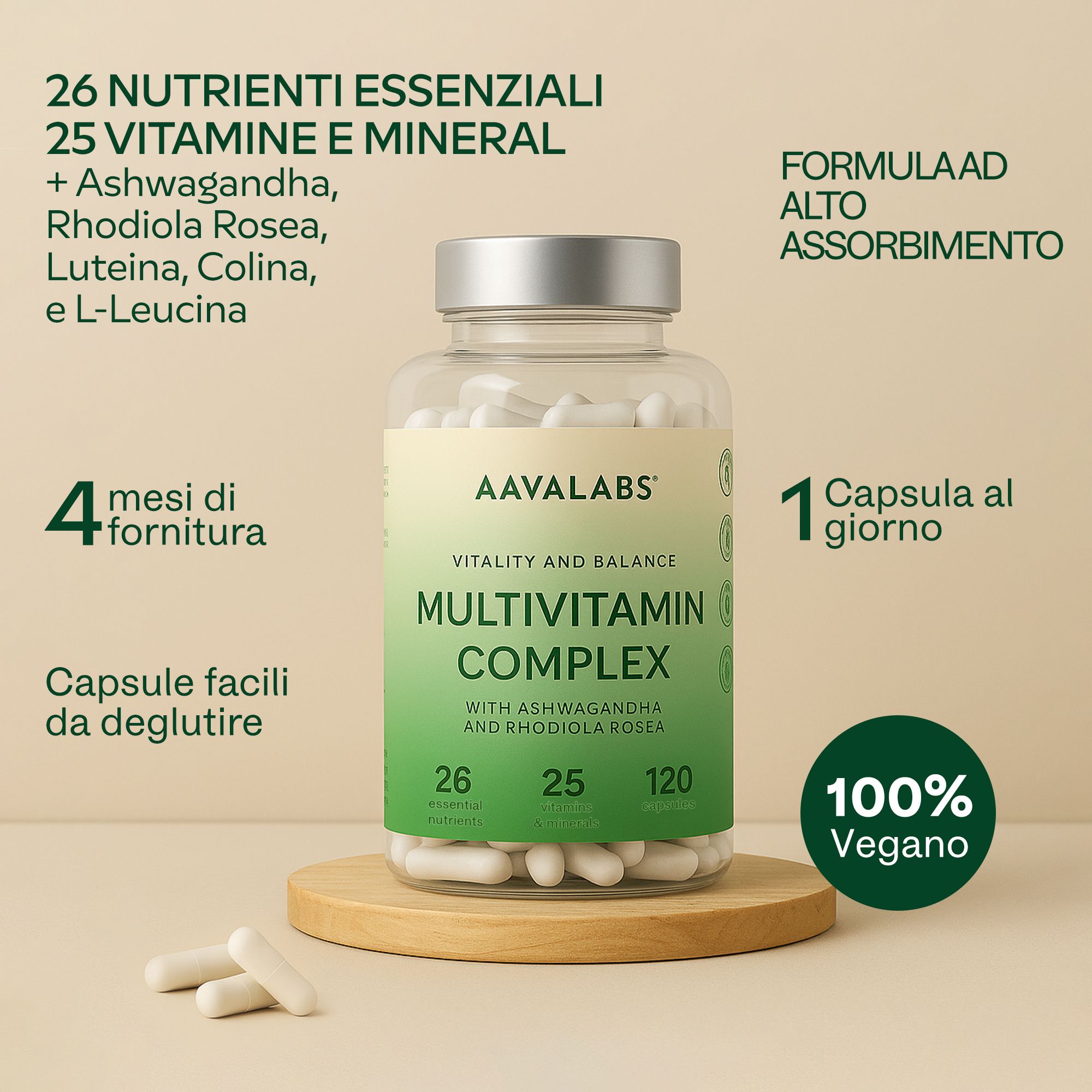 Flacone con capsule. Scritta: AAVALABS Multivitamin Complex. 120 capsule. 100% Vegano.