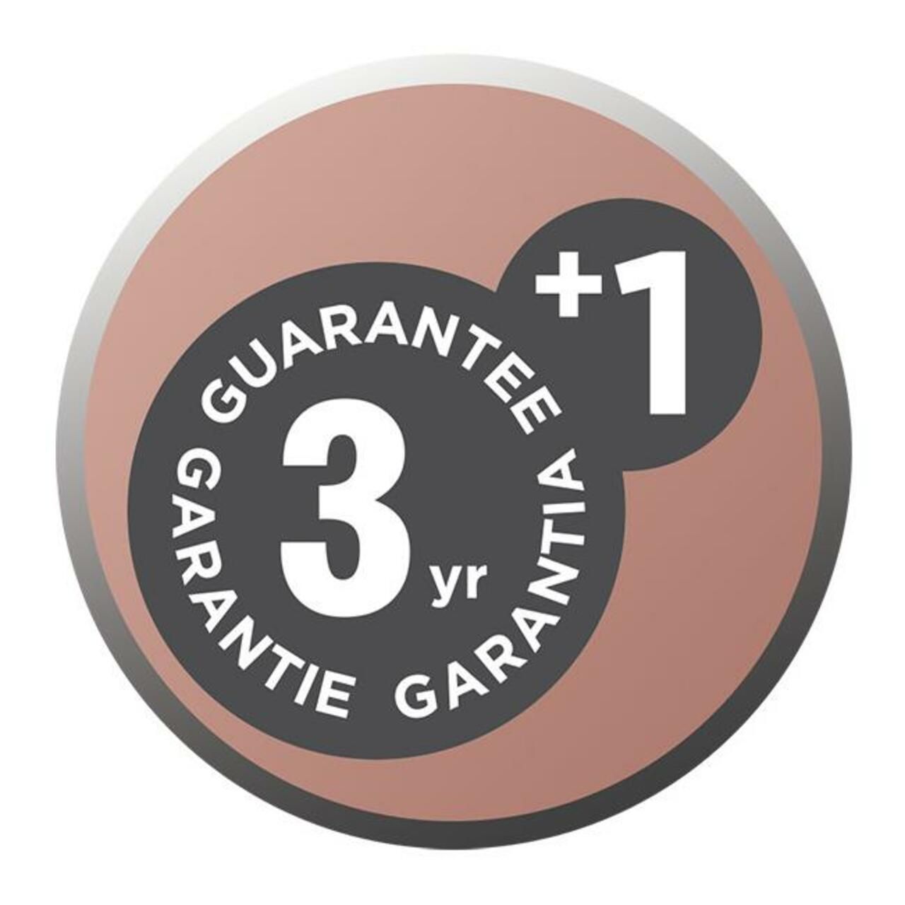 Simbolo rotondo con 3 anni di garanzia e +1 anno. Testo: GARANTIE, GARANTIA.