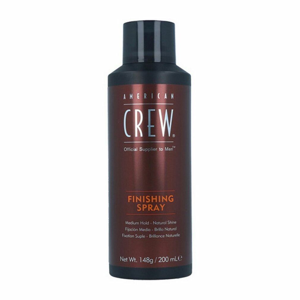 Flacone spray per capelli marrone e nero. Scritta: AMERICAN CREW, FINISHING SPRAY. Testo: Medium Hold - Natural Shine. Net Wt. 148g / 200 mL.