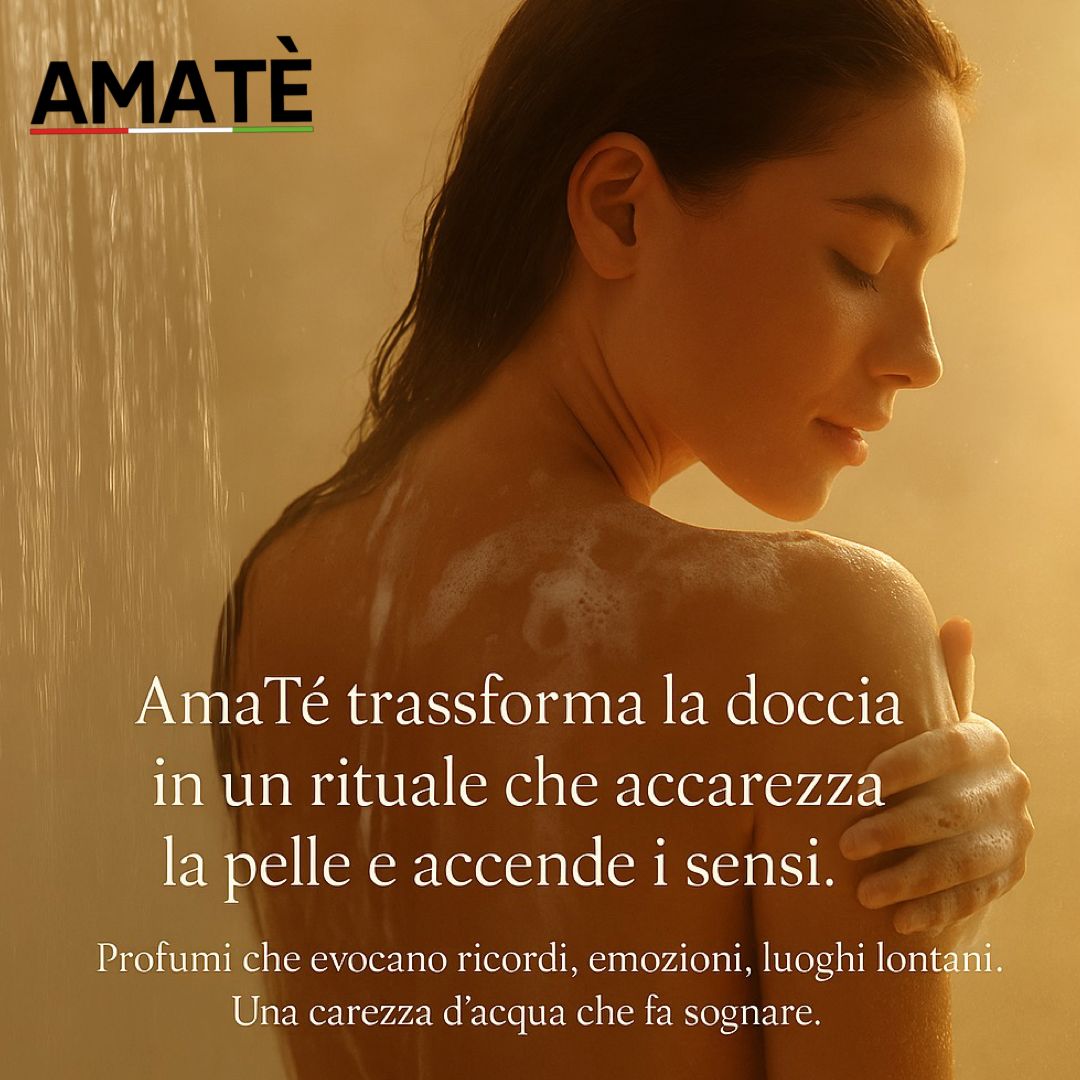 Donna sotto la doccia. Testo: Amatè trasforma la doccia in un rituale che accarezza la pelle e accende i sensi.
