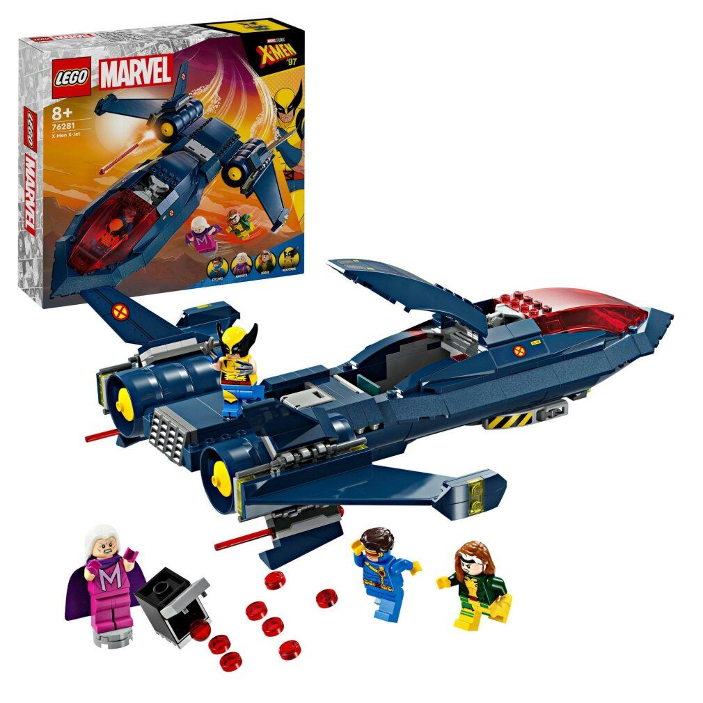 LEGO Marvel X-Jet. Modello di aereo blu con cabina di pilotaggio aperta. Personaggi ed elementi rossi accanto. Confezione.