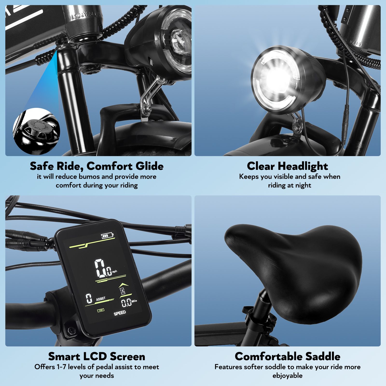 Primi piani dei componenti della bici OOK-TEK E20: faro, schermo LCD, sella.
