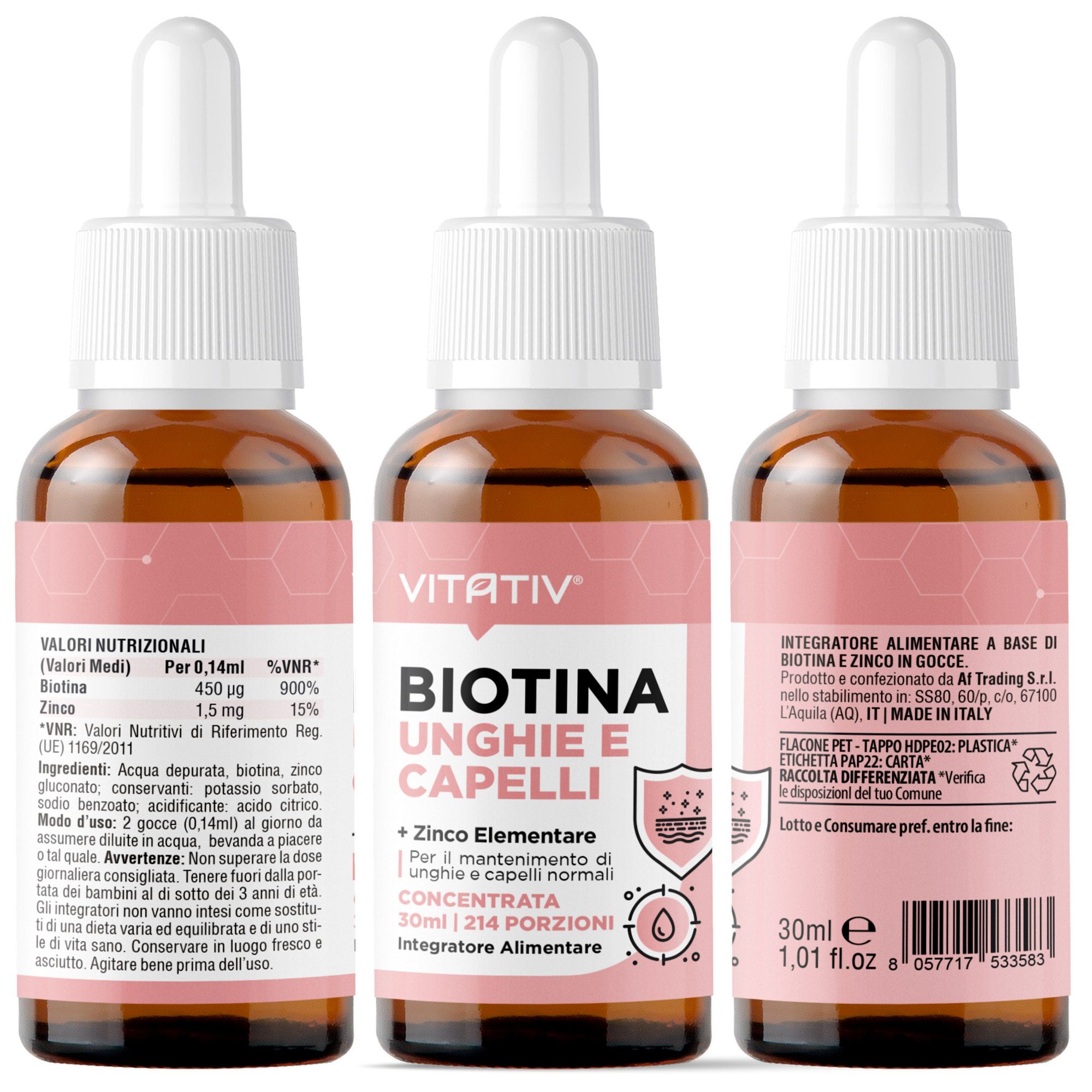 VITATIV® Biotina Unghie e Capelli + Zinco 30ml Integratore Gocce Concentrato No Edulcoranti/Zuccheri