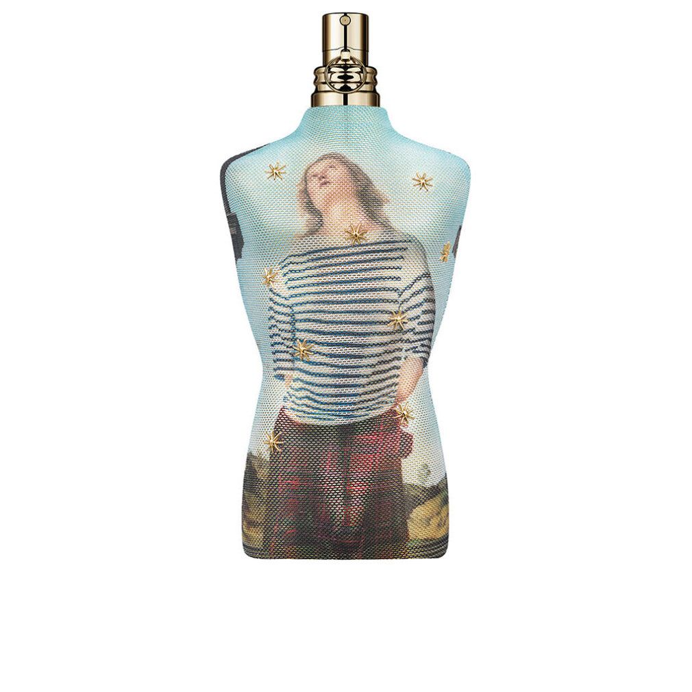 Flacone di profumo a forma di busto, con immagine di persona in stile marinaro. Erogatore dorato.