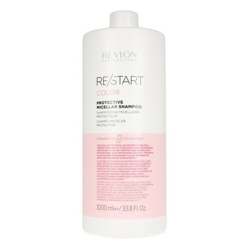 Flacone di shampoo bianco con etichetta rosa. Scritta: Revlon Re-Start Color Protective Micellar Shampoo. 1000ml/33.8 fl oz.