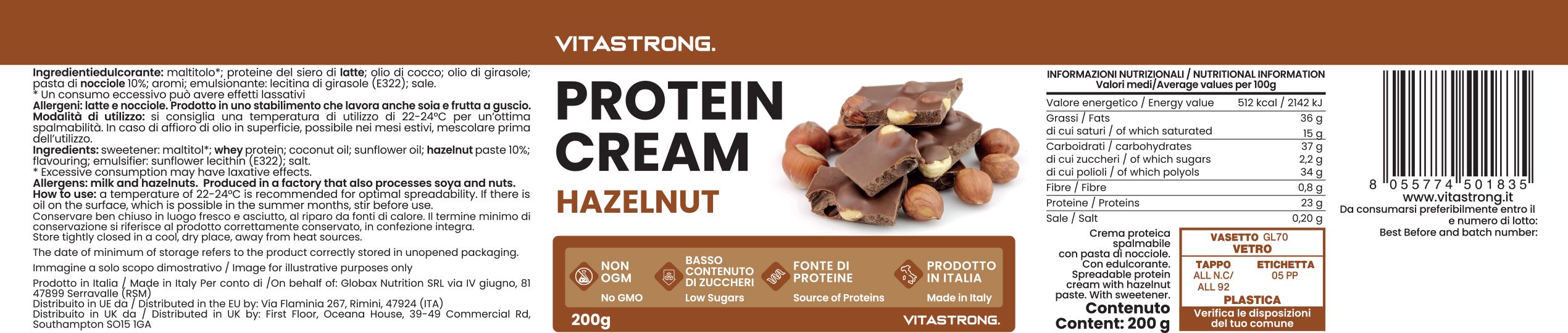 Etichetta del prodotto. Testo: Protein Cream Hazelnut, ingredienti, informazioni nutrizionali, codice a barre. Marchio: Vitastrong.