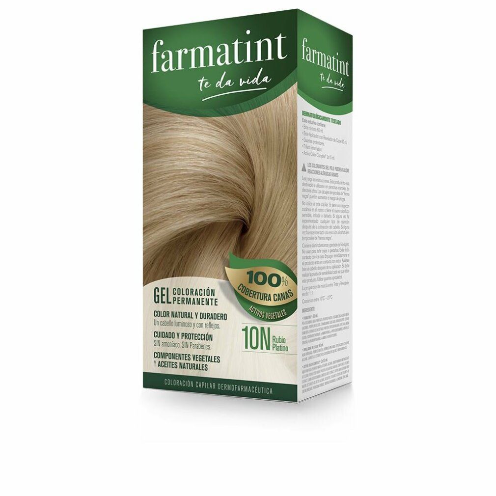 Scatola di colorazione per capelli. Scritta: Farmatint, 10N Biondo Platino. Immagine: capelli biondi.