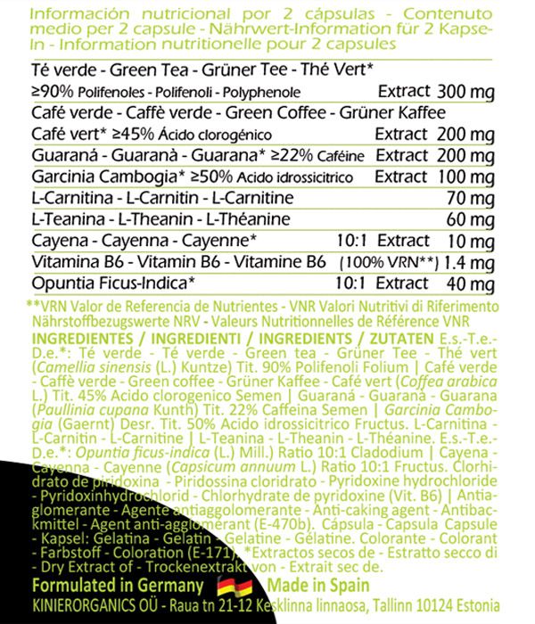 Informazioni nutrizionali e lista ingredienti per un integratore alimentare. Contiene informazioni su ingredienti come tè verde e L-carnitina.