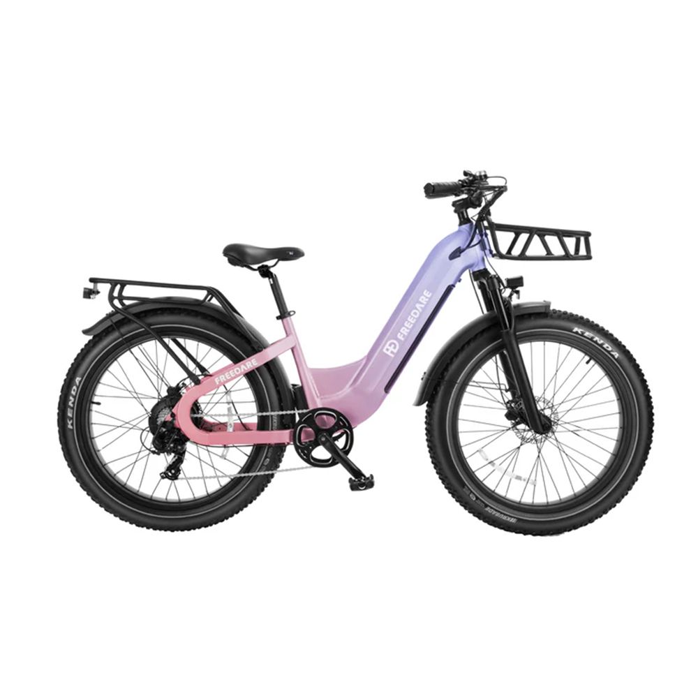 Bicicletta elettrica con cestino anteriore. Telaio lilla-rosa, pneumatici neri con logo Kenda. Portapacchi posteriore. Logo FREEDARE.