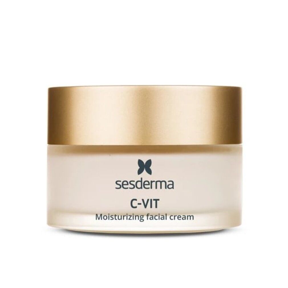 Vaso di crema con coperchio dorato. Scritta: sesderma C-VIT. Crema idratante viso.