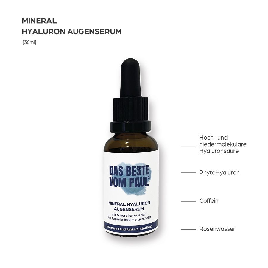 Flacone di siero marrone con pipetta. Testo: DAS BESTE VOM PAUL, Mineral Hyaluron Augenserum. Ingredienti: Acido ialuronico, caffeina, acqua di rose.