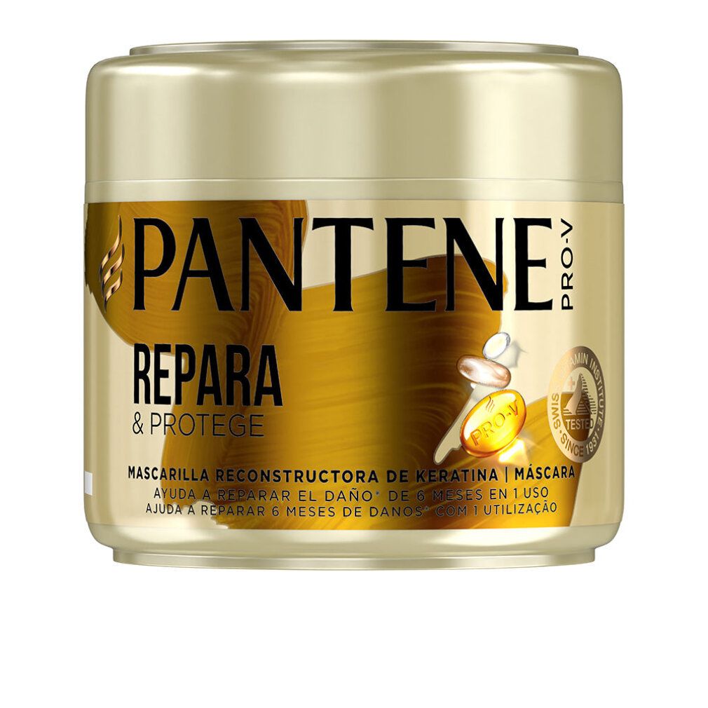 Barattolo dorato Pantene Pro-V REPARA & PROTEGE. Scritta: Mascarilla Reconstructora de Keratina. Con capsule.