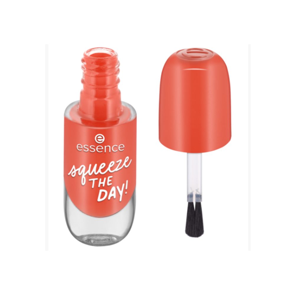 Flacone di smalto aperto, con pennello e tappo. Smalto arancione. Scritta: "squeeze THE DAY!" Marchio: Essence.