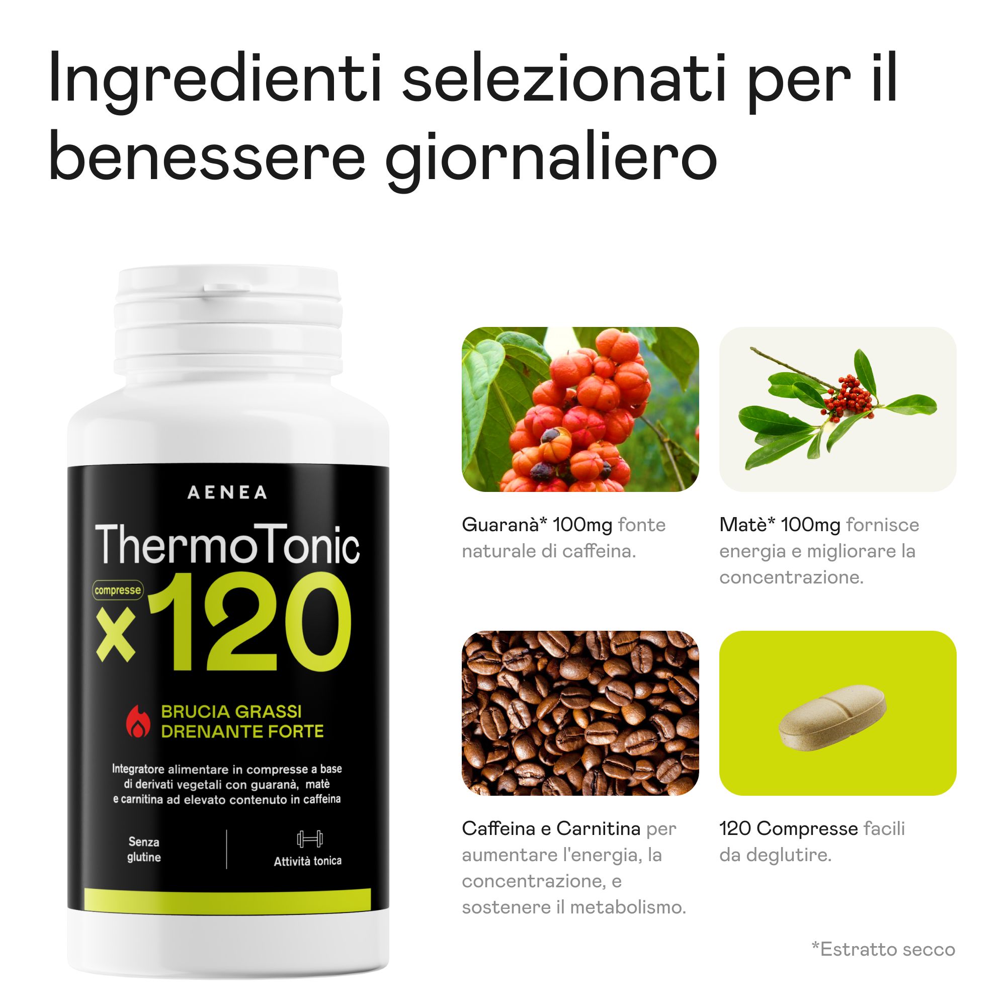 Flacone bianco Aenea ThermoTonic x120 compresse. Illustrati: Guaranà, Matè, chicchi di caffè, compressa. Testo: 120 compresse, facili da deglutire.