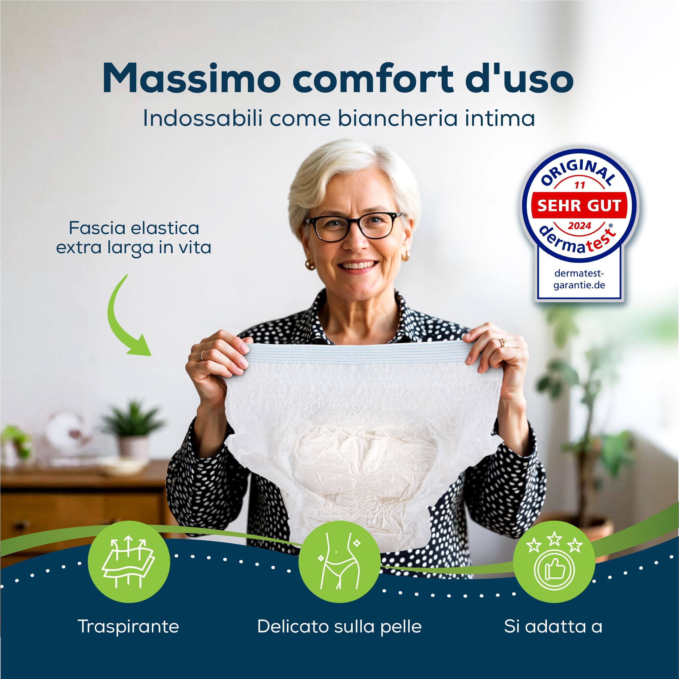 Donna tiene pannolino per incontinenza. Fascia elastica larga. Traspirante. Sigillo Dermatest.