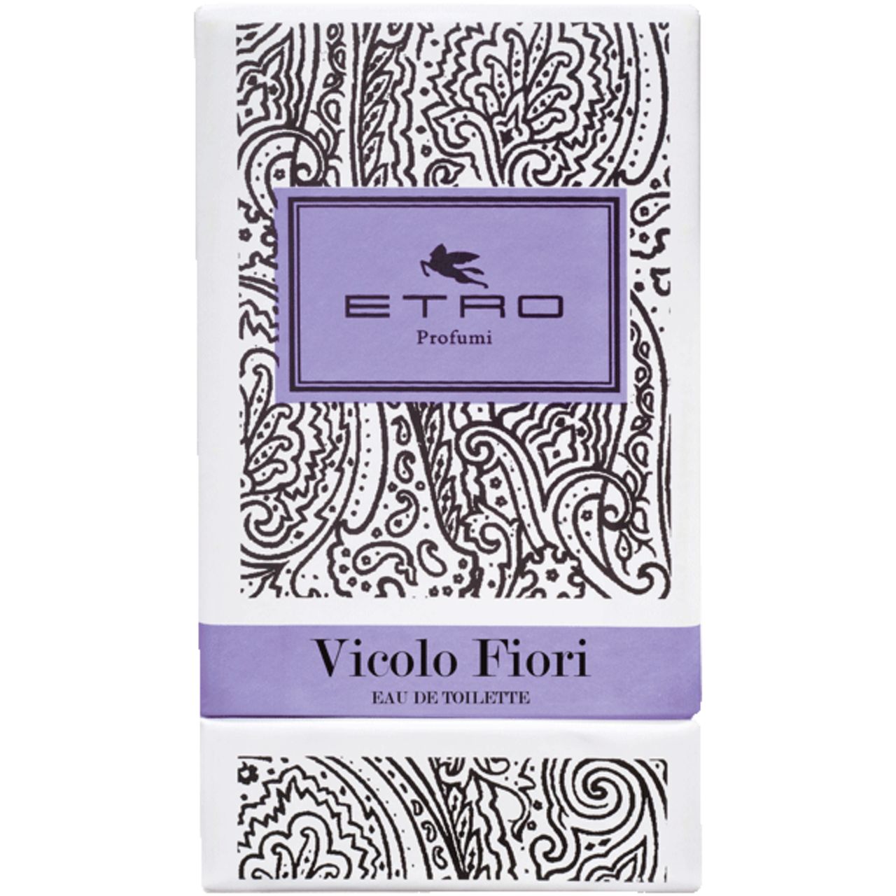 Scatola rettangolare bianca con strisce e motivi viola. La scatola indica "ETRO Profumi" e "Vicolo Fiori Eau de Toilette".
