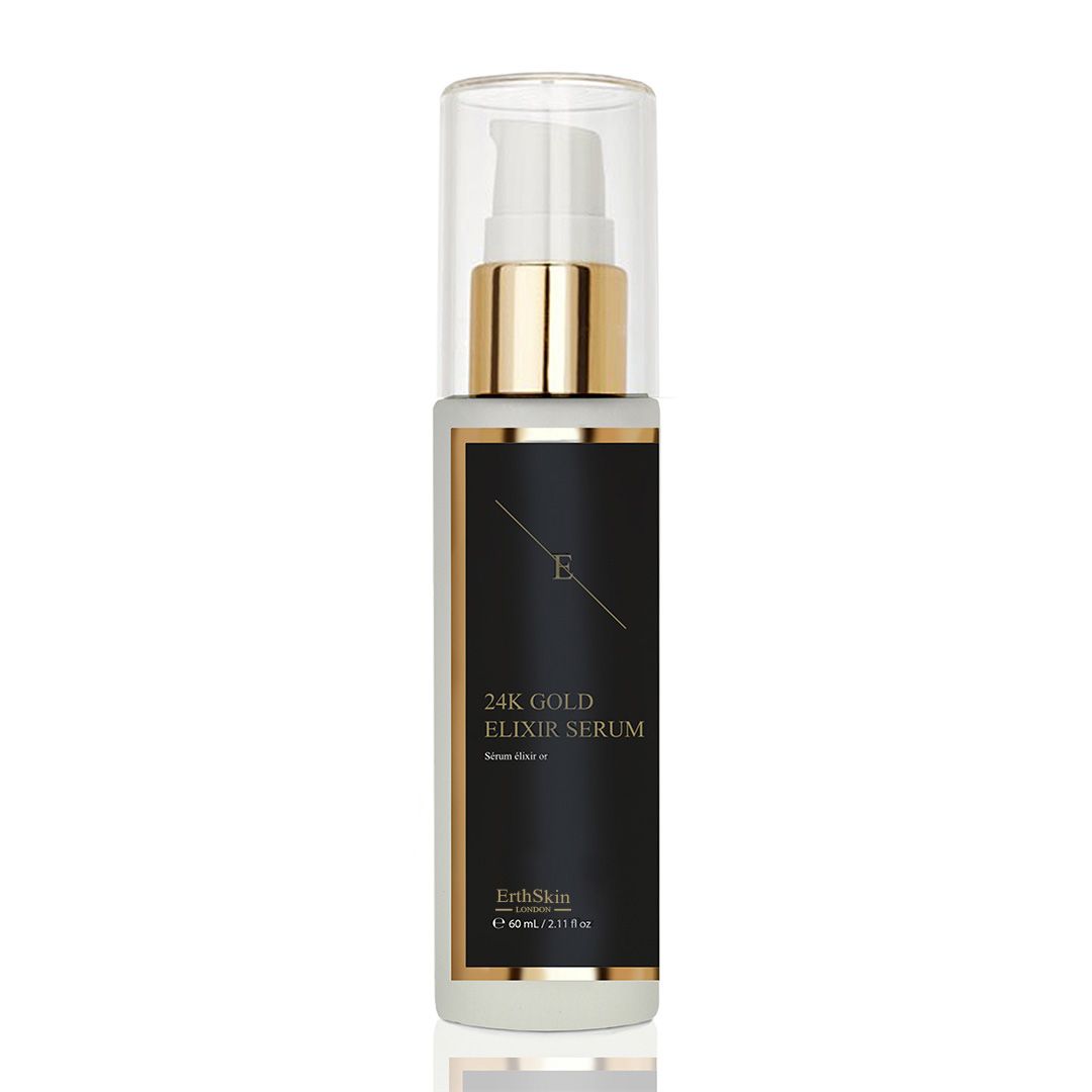 Flacone di siero con etichetta nera e dettagli dorati. Scritta: 24K Gold Elixir Serum. Con erogatore a pompa.