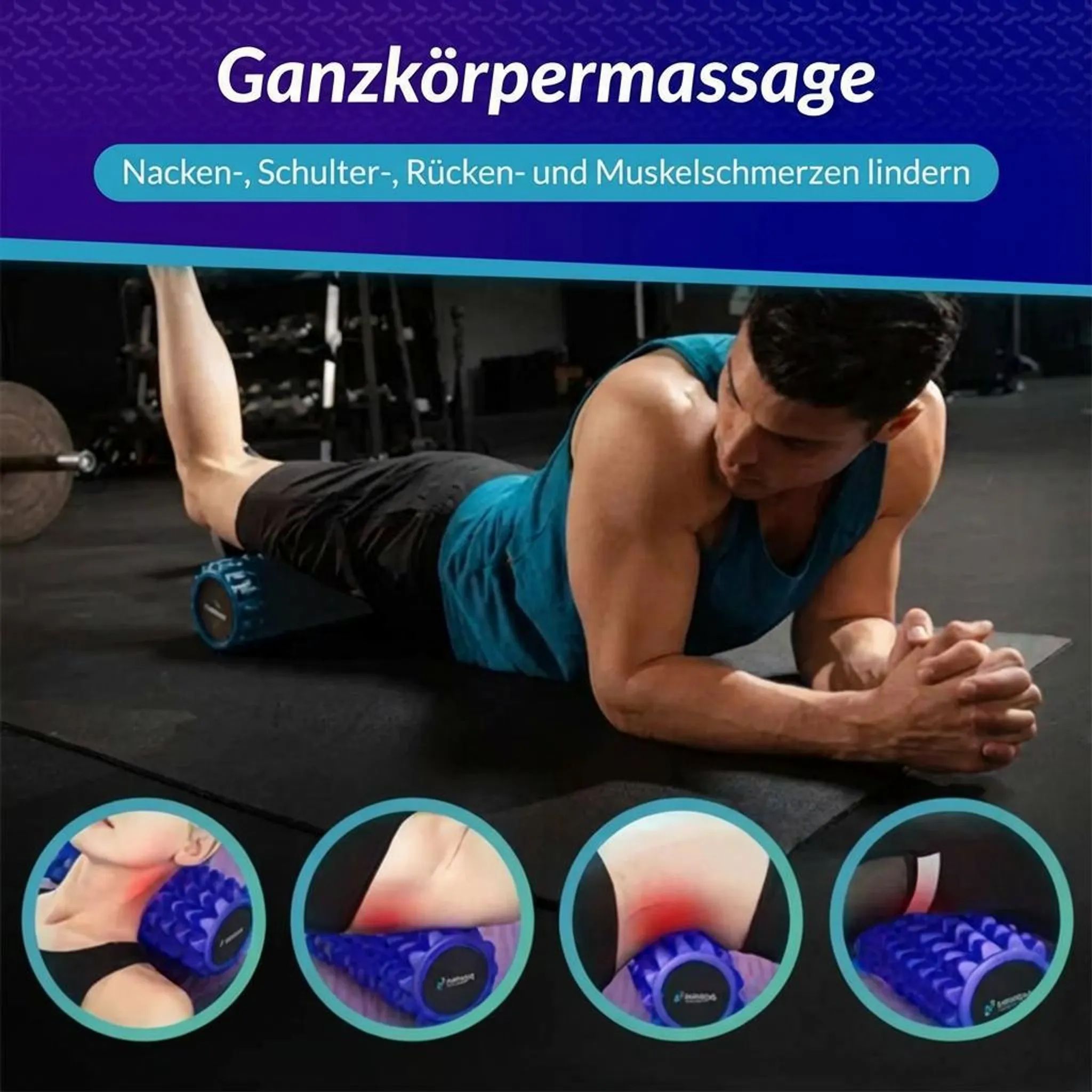 Un uomo massaggia la coscia con un rullo per fascia blu in una palestra.