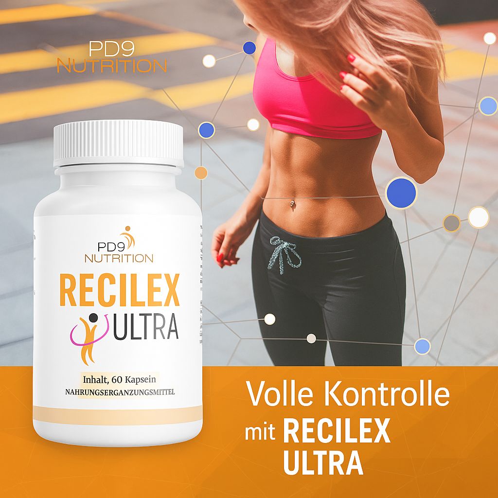 Flacone bianco di capsule. Scritta: Recilex Ultra, PD9 Nutrition. Contenuto: 60 capsule. Integratore alimentare. Donna sullo sfondo.