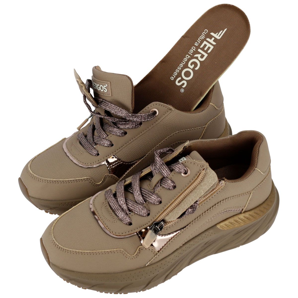 Sneaker beige con soletta estraibile. Marchio HERGOS. Soletta con logo.