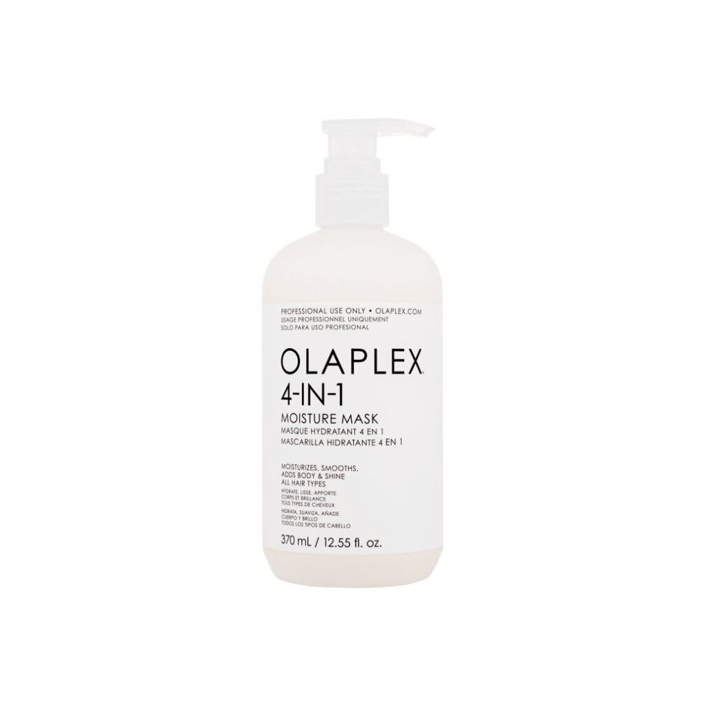 Maschera idratante Olaplex 4-in-1. Flacone bianco con dosatore a pompa. Testo: Moisture Mask, 370 ml. Per tutti i tipi di capelli.