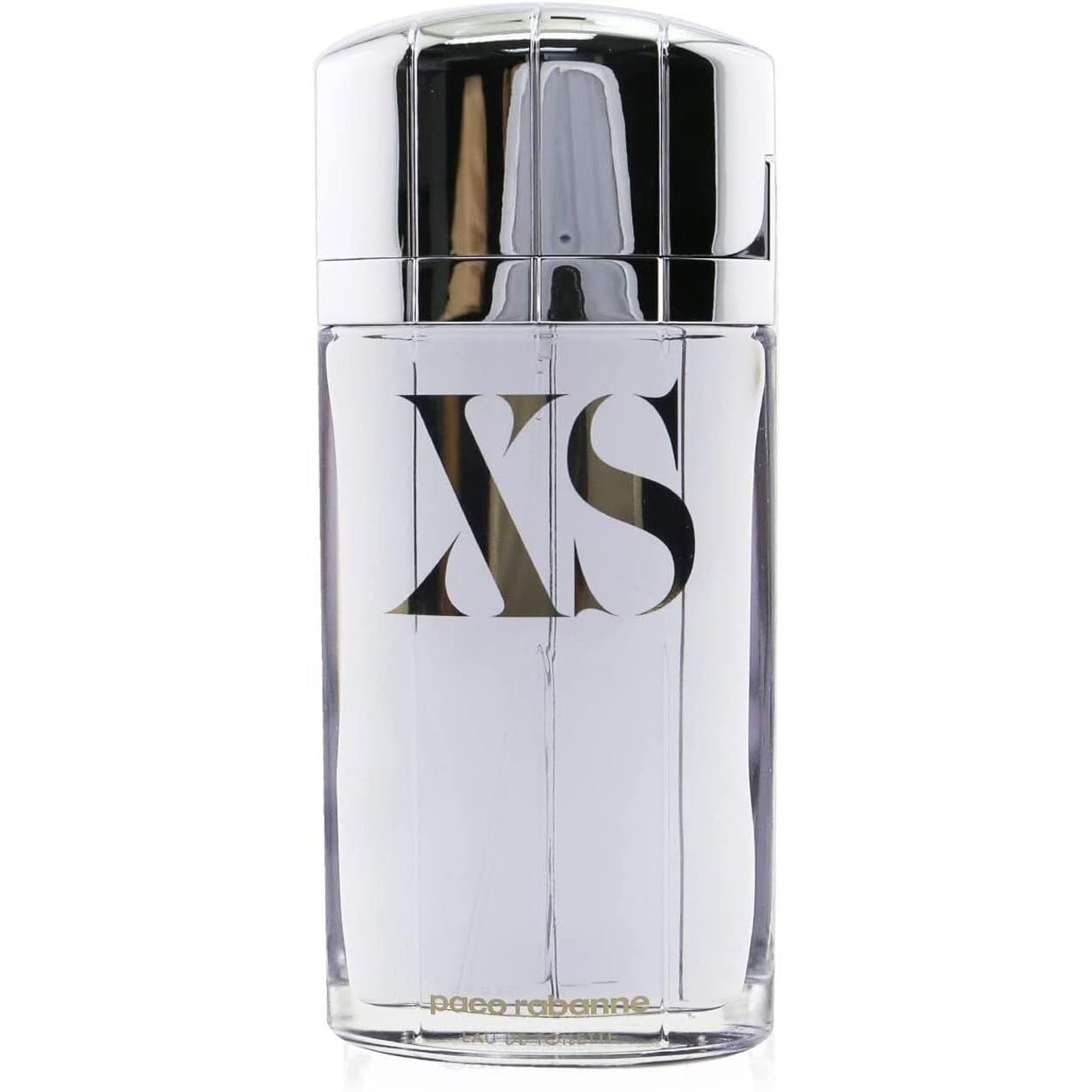 Flacone di profumo con tappo argentato. Scritta XS e Paco Rabanne. Eau de Toilette.