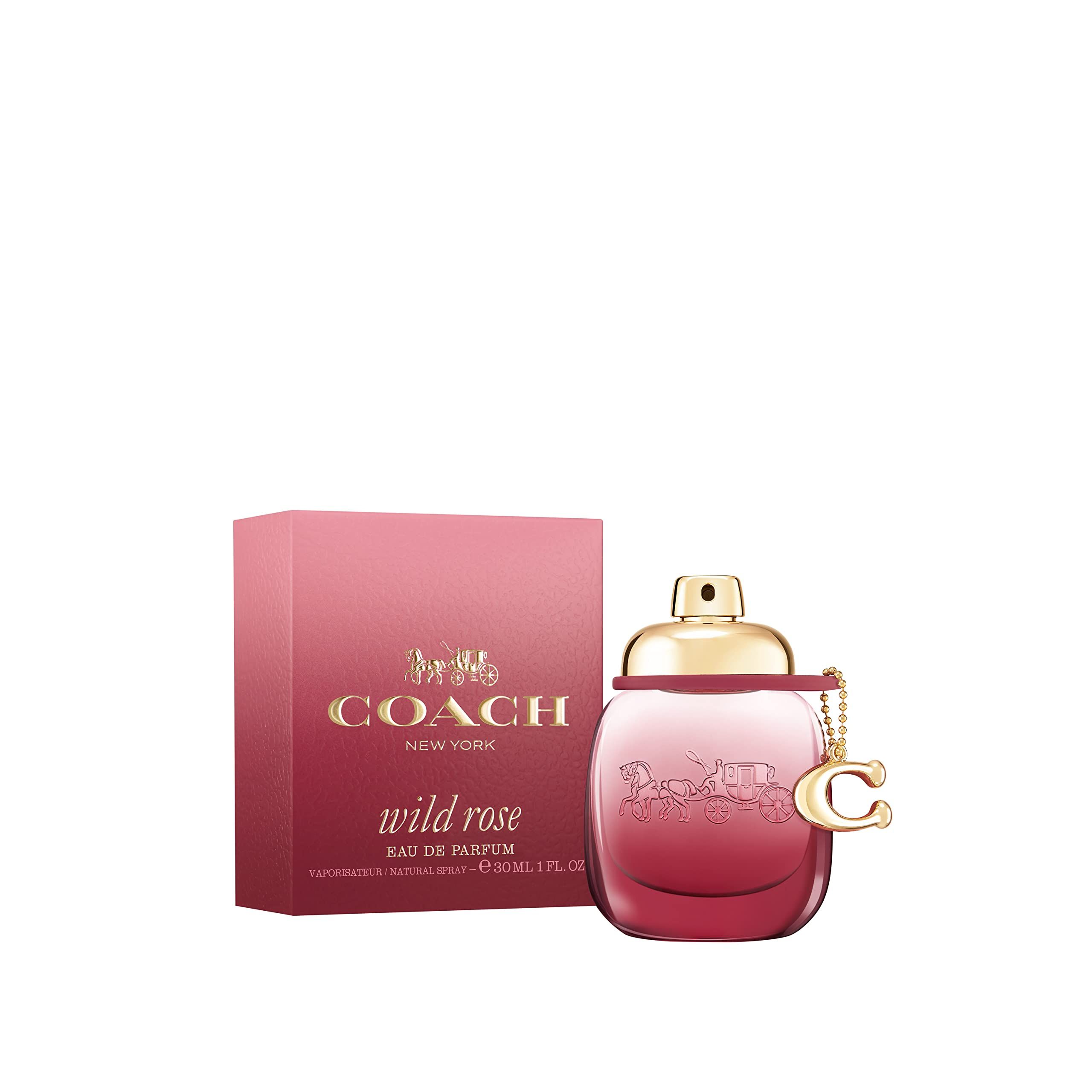 Coach Wild Rose EdP Nat. Spray. Flacone e confezione rosa. Tappo e ciondolo dorati.