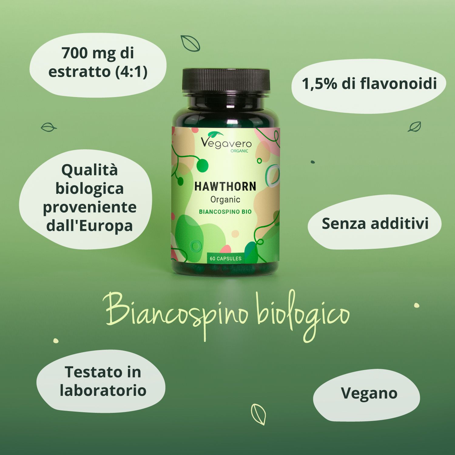 Flacone HAWTORN Organic Biancospino BIO con testo: 700 mg estratto, 1,5% flavonoidi, biologico, senza additivi, vegano.
