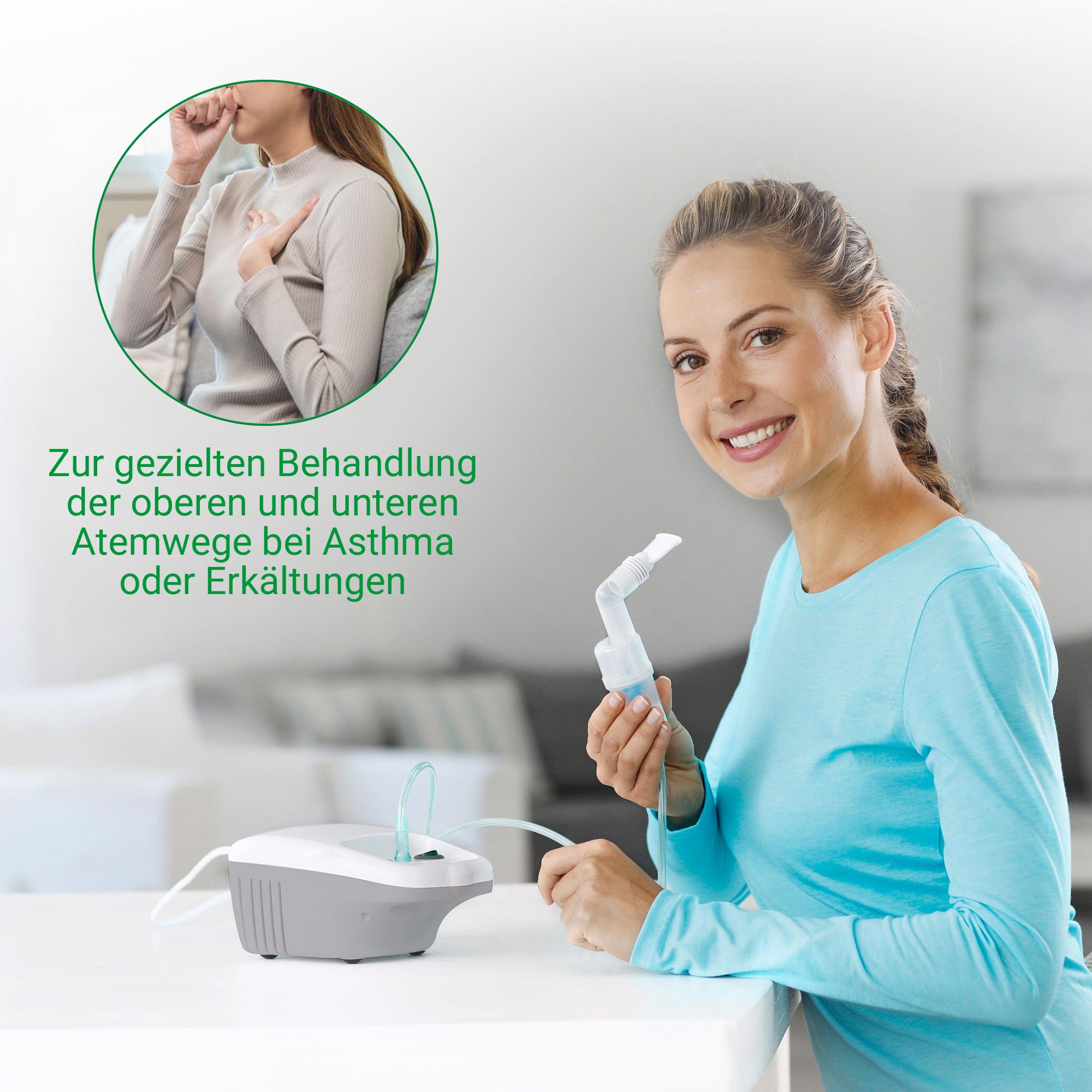 Donna con inalatore Medisana IN 540, per il trattamento mirato delle vie respiratorie.