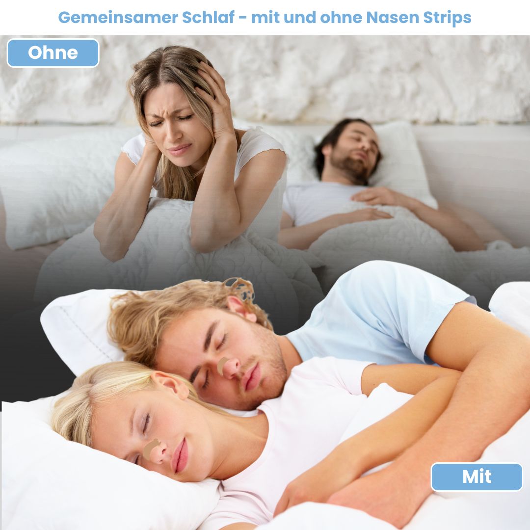 Coppia a letto. Sopra: donna con mal di testa. Sotto: coppia che dorme pacificamente. Testo: Sonno condiviso - con e senza strisce nasali.