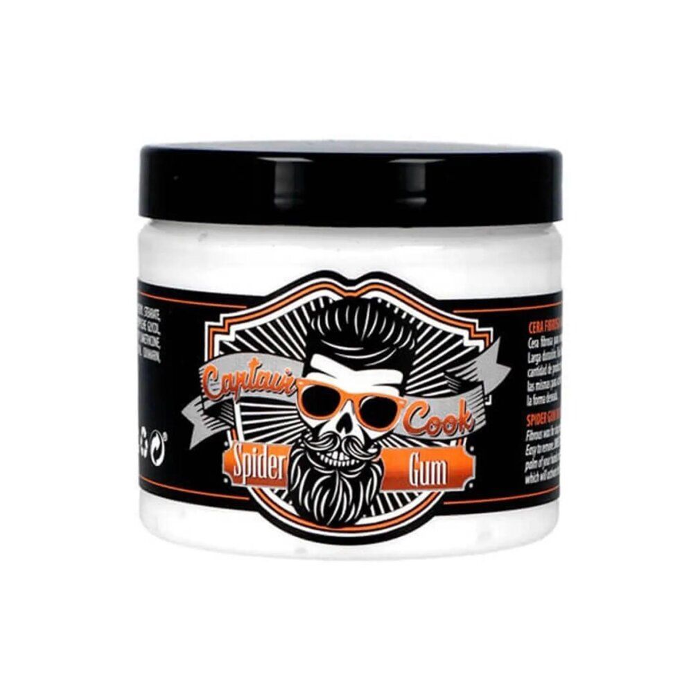 Vasetto bianco con coperchio nero. Etichetta con scritta Captain Cook Spider Gum e illustrazione barba.