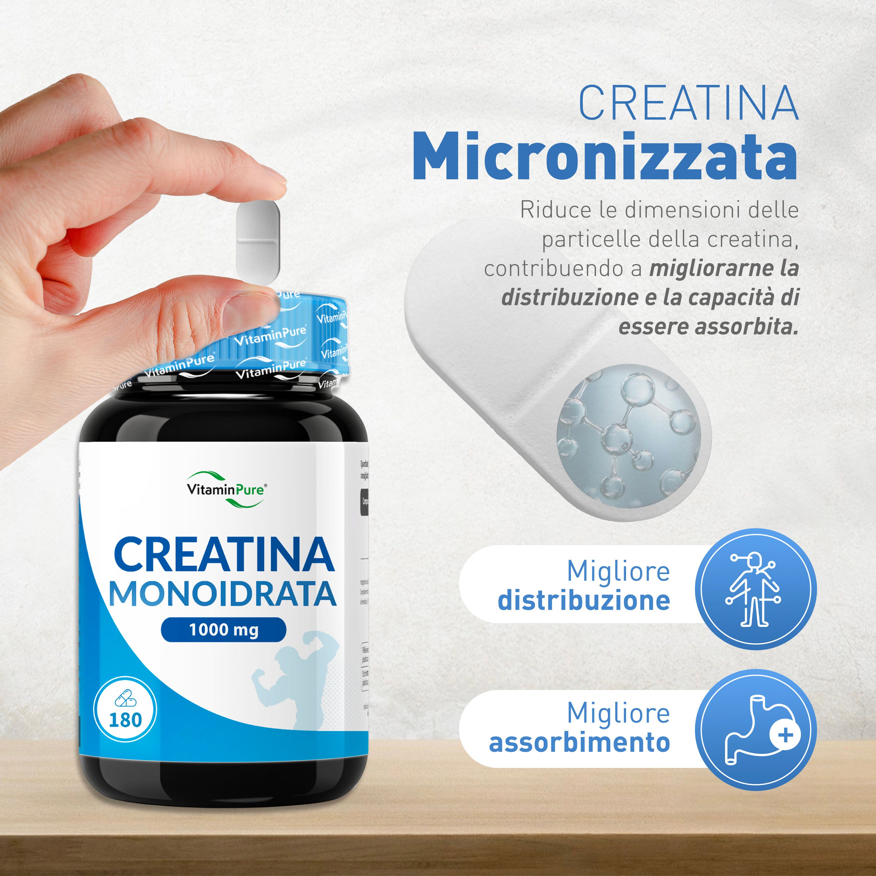 VitaminPure Creatina Monoidrata, 180 compresse. Una compressa mostrata. Migliore distribuzione e assorbimento. Tappo blu.