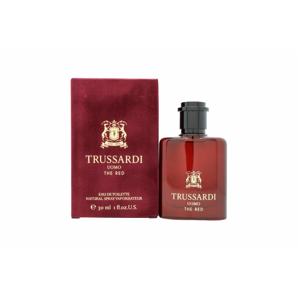 Flacone e scatola rossi. Flacone con tappo nero, scatola con logo e scritta. Scritta: Trussardi Uomo The Red.