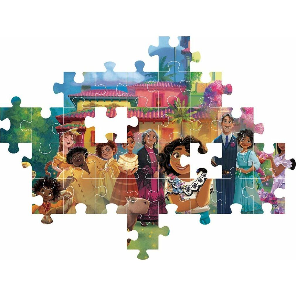 Pezi di puzzle con scena del film Encanto. Personaggi davanti a una casa con arcobaleno. Pezzi assemblati.