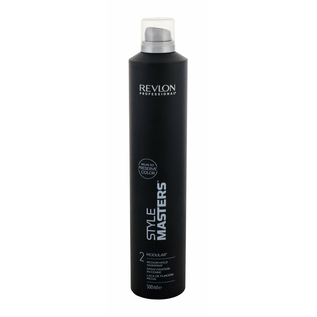 Flacone spray nero con tappo argentato. Scritte: Revlon Professional, Style Masters, Modular, Medium Hold, 500ml.