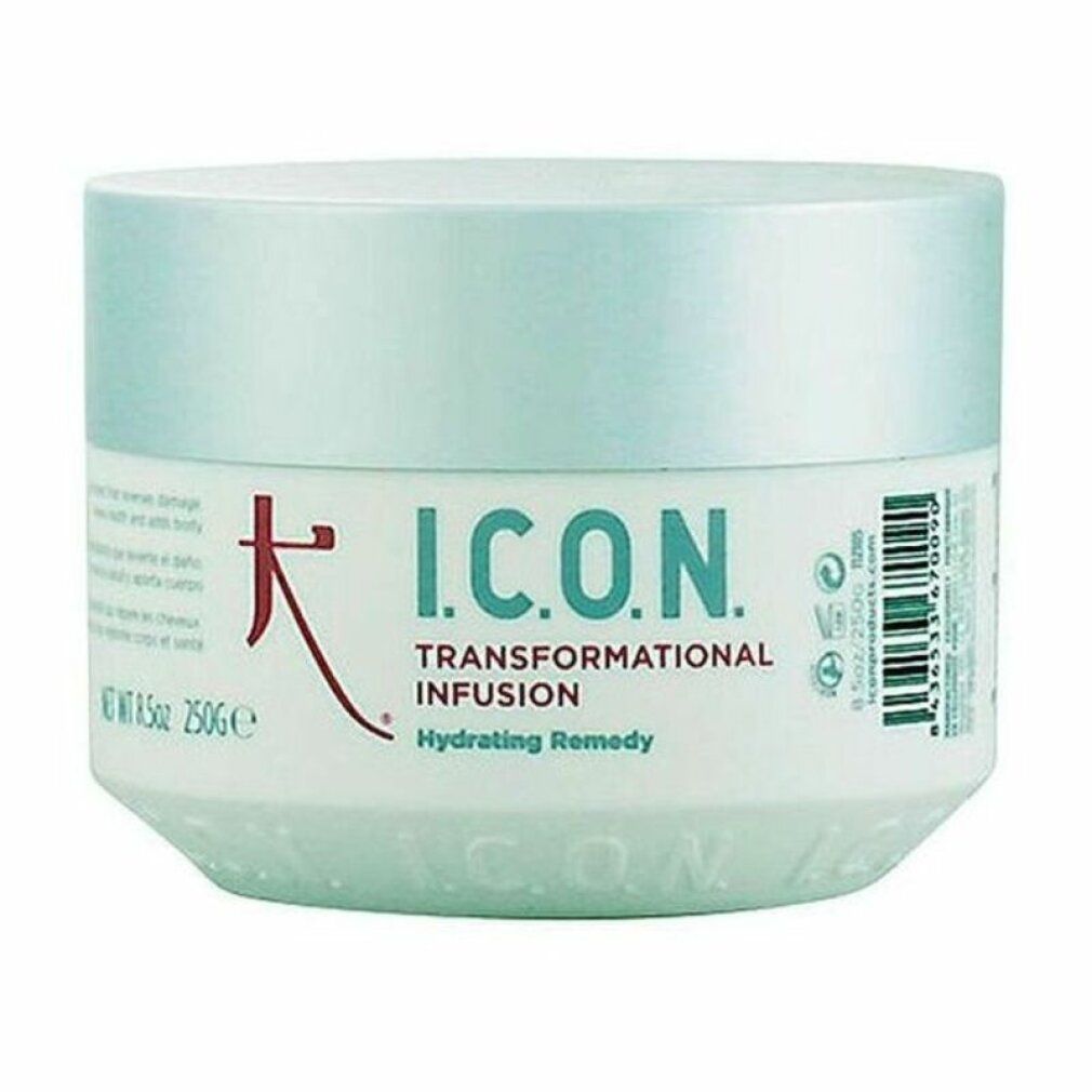 Vaso bianco con coperchio azzurro. Scritta: I.C.O.N. TRANSFORMATION INFUSION Hydrating Remedy.