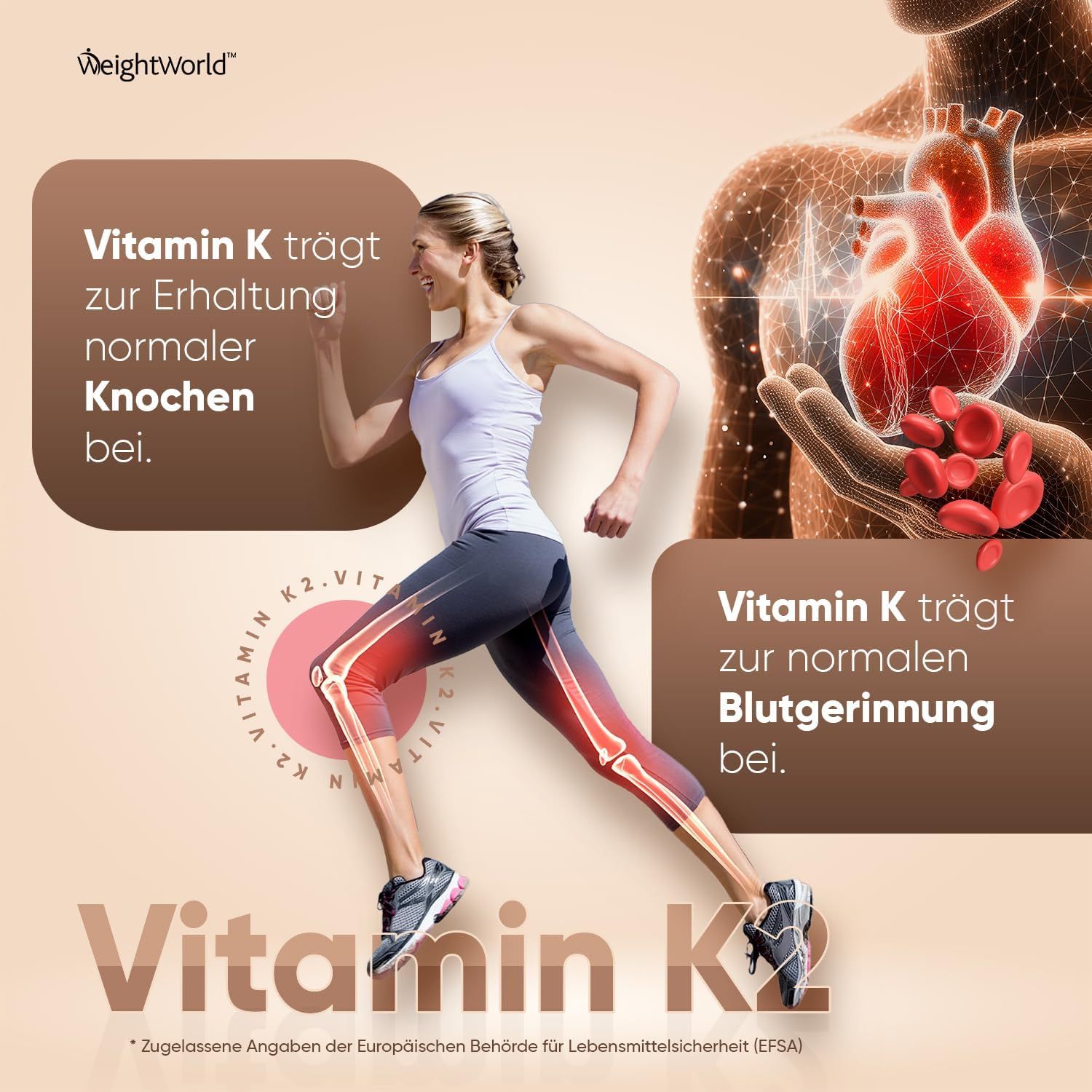 Grafica di una donna che corre. Testo: La vitamina K contribuisce al mantenimento di ossa normali. La vitamina K contribuisce alla normale coagulazione del sangue.