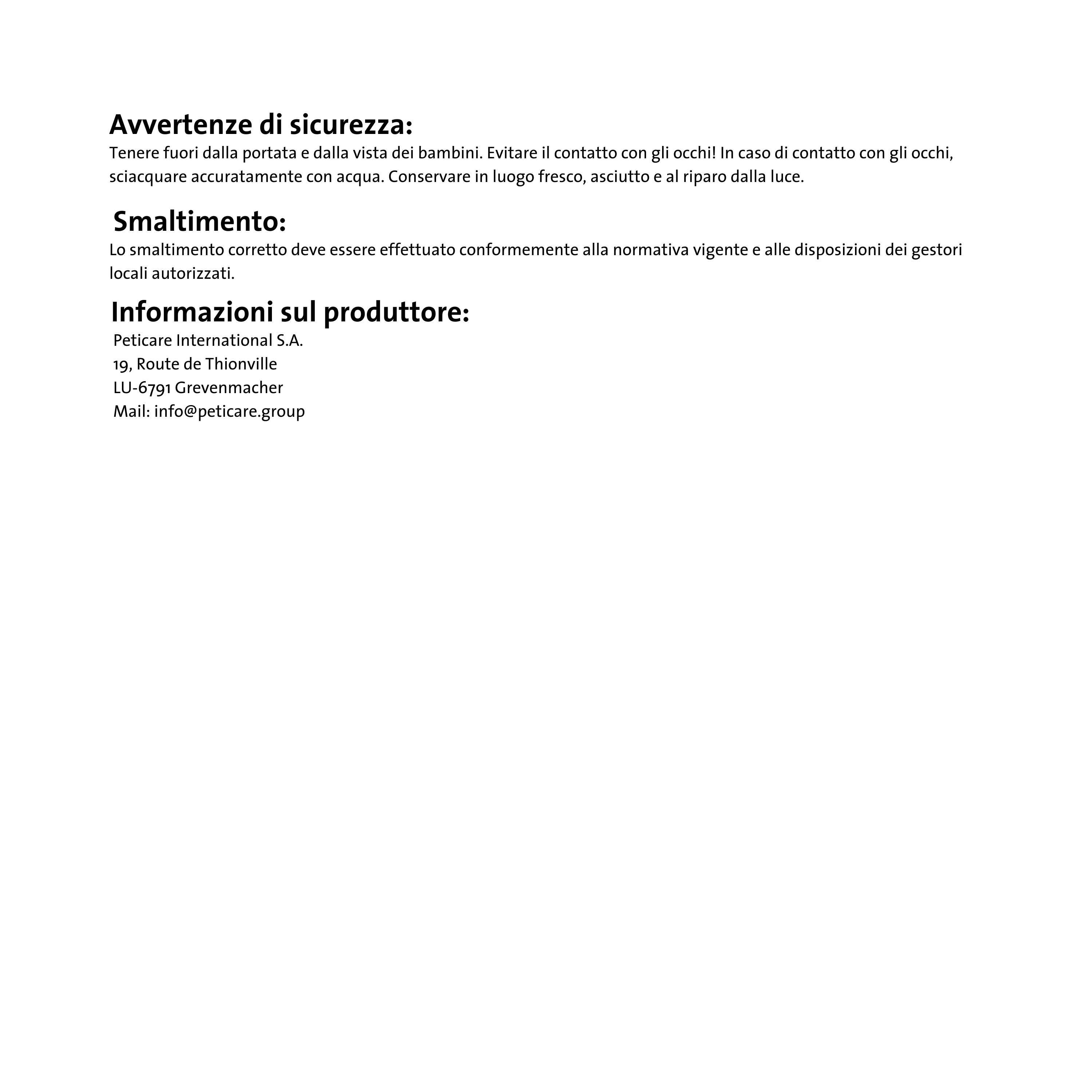 Informazioni di sicurezza e produttore. Testo in italiano.