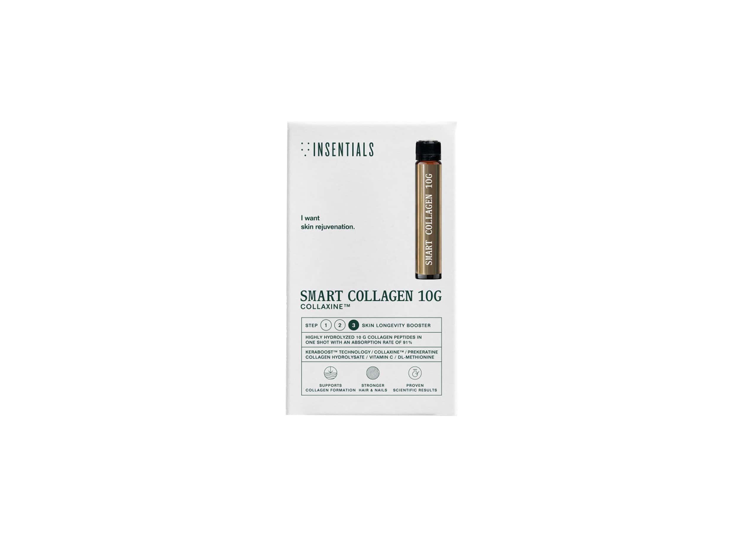 Confezione bianca con una fiala dorata per Smart Collagen 10g e i benefici del prodotto.